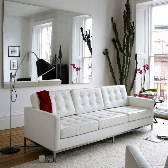 knoll couch, white leather couch, living room, modern design