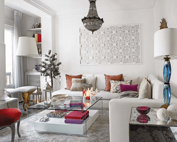 modern swedish living room, white couch, barcelona chair