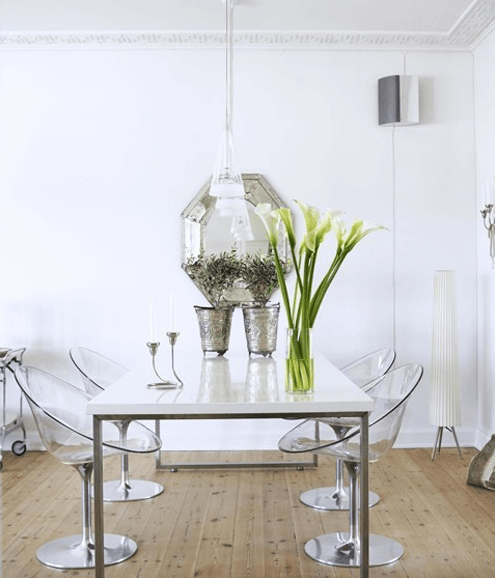 modern white dining table with clear chairs, swedish home design