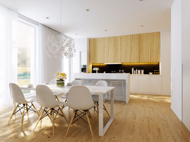 modern white dining table with Eames chairs