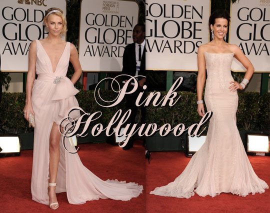 golden globes pale pink dresses, blush dresses, Charlize Theron in pink dress