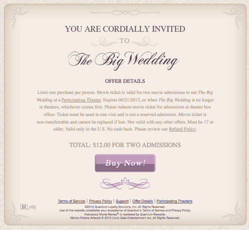 The Big Wedding movie, buy one, one for free promo