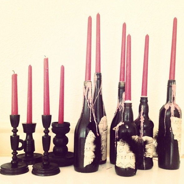 painted wine bottle candle holders | More Haunted House Party photos at https://skimbacolifestyle.com/2013/10/haunted-house-halloween-party-photos.html