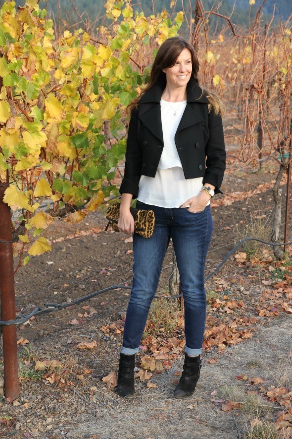 Bootie with a cropped jacket and skinny jeans