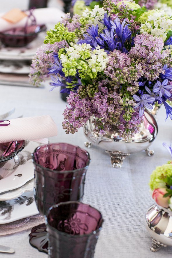 flowers in silver tea pot