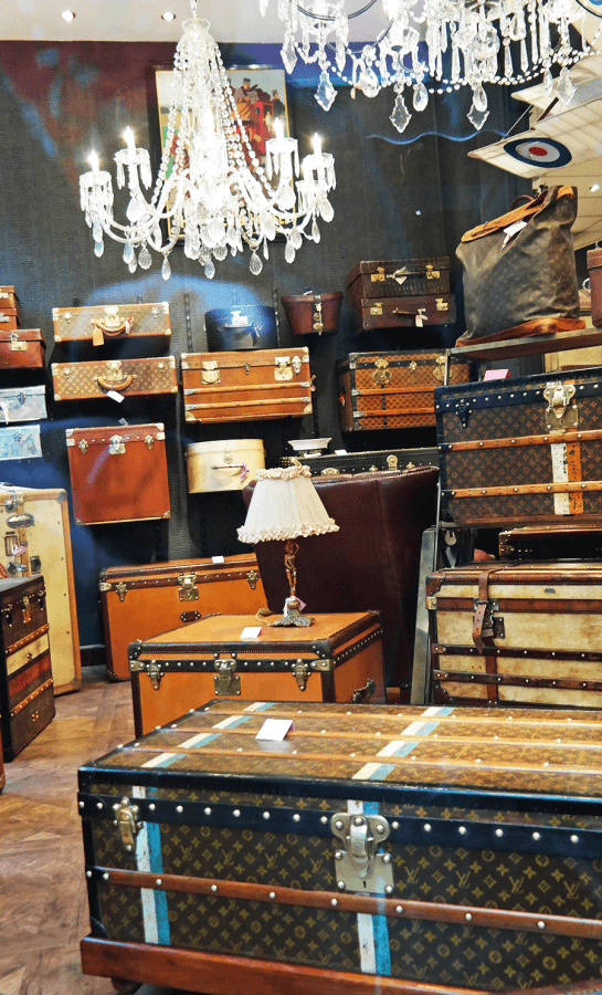 vintage travel trunks at Paris flea market