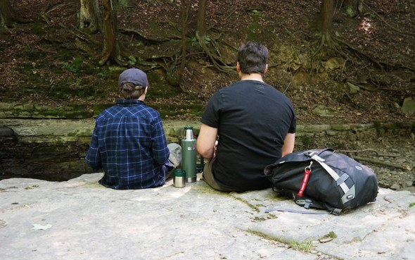 Father and son bonding time: walk outdoors.