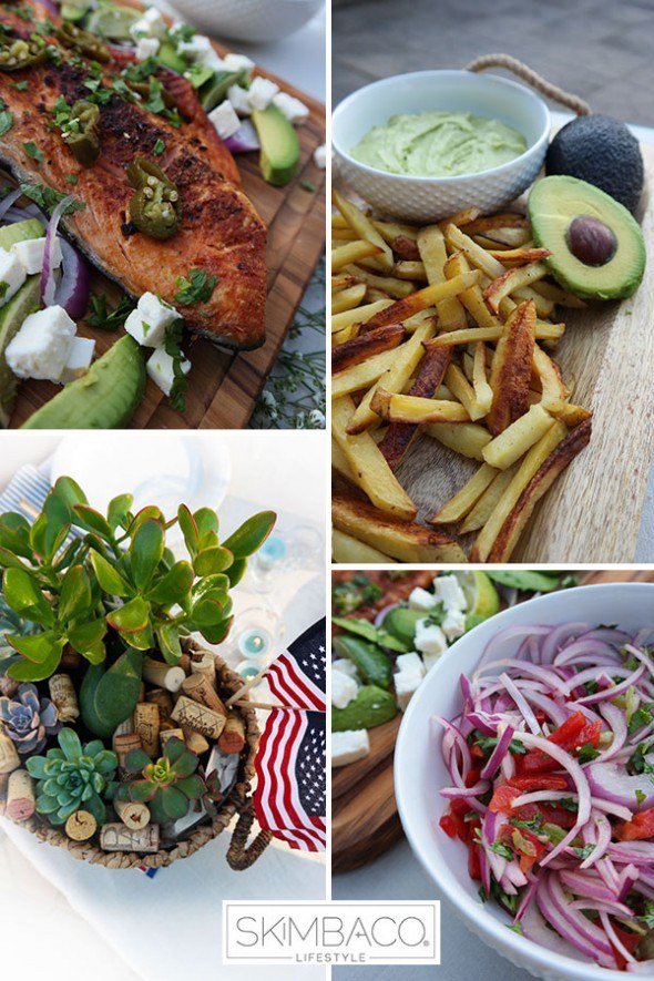 Summer party menu: fancy fish and chips! Grilled salmon with avocado salad and oven baded fries.