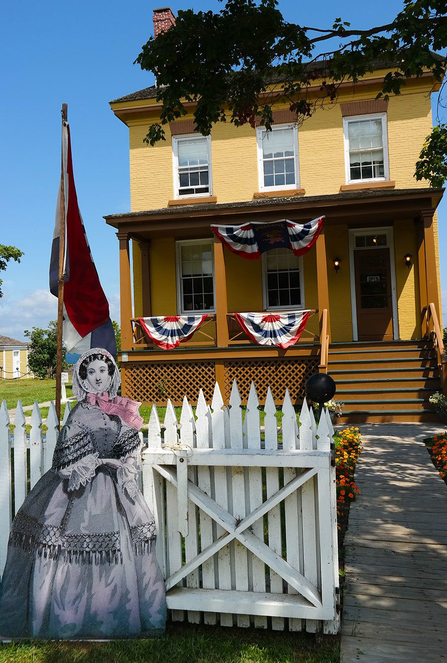 Today the Sackets Harbor Battlefield is interpreted to the public by exhibits, outdoor signs, guided and self-guided tours, and a restored 1850's Navy Yard and Commandant's House. During the summer months, guides dressed in military clothing of 1813 reenact the camp life of the common soldier.