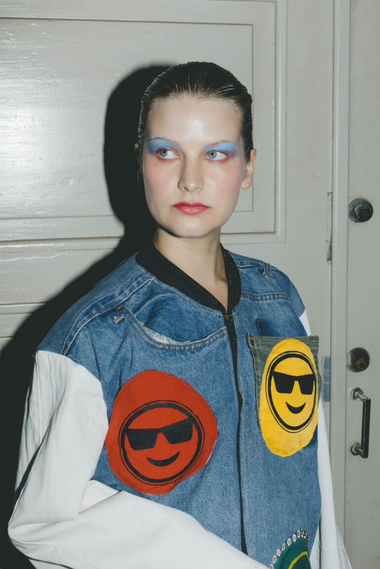 boie and bill at helsinki fashion week 2023 by fashion photographer kristian presnal denim jacket with smiley