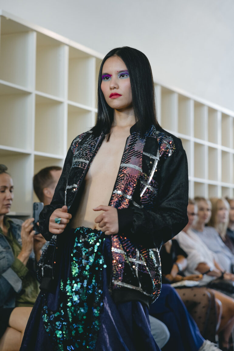 Boie and Bill sequin bomber jacket jacket at Helsinki Fashion Week 2023 by fashion photographer Kristian Presnal